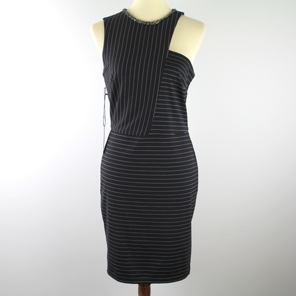 Ali & Jay Black White Pinstripe Ponte Halter MinDress Embellished Neckline L NWT - Picture 2 of 6